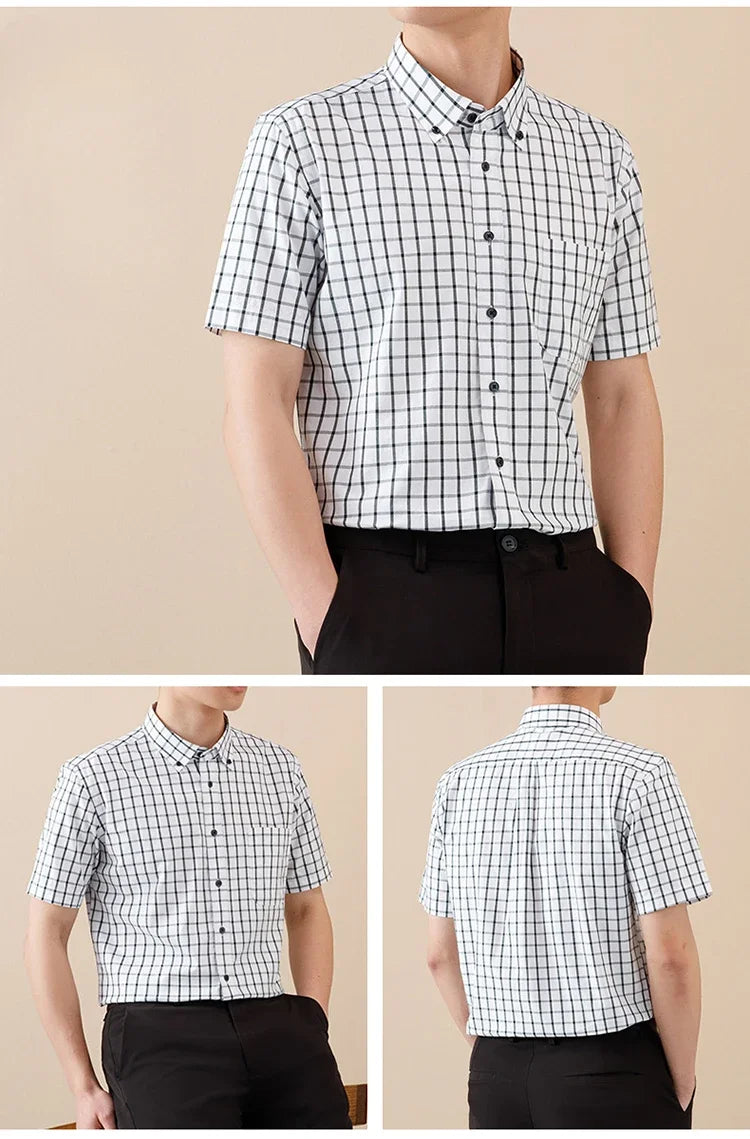 New In Shirt Summer 100%Cotton Short Sleeve Shirts for Men Slim Fit Formal Plain Shirt Designer Plaid Korean Popular Clothes