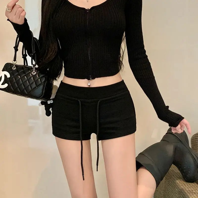 1pcs Spring Summer Women Slim Fit  Elasticity Short Female Low Waist Workout Shorts Black Lady Casual Drawstring Tight Hot Pant