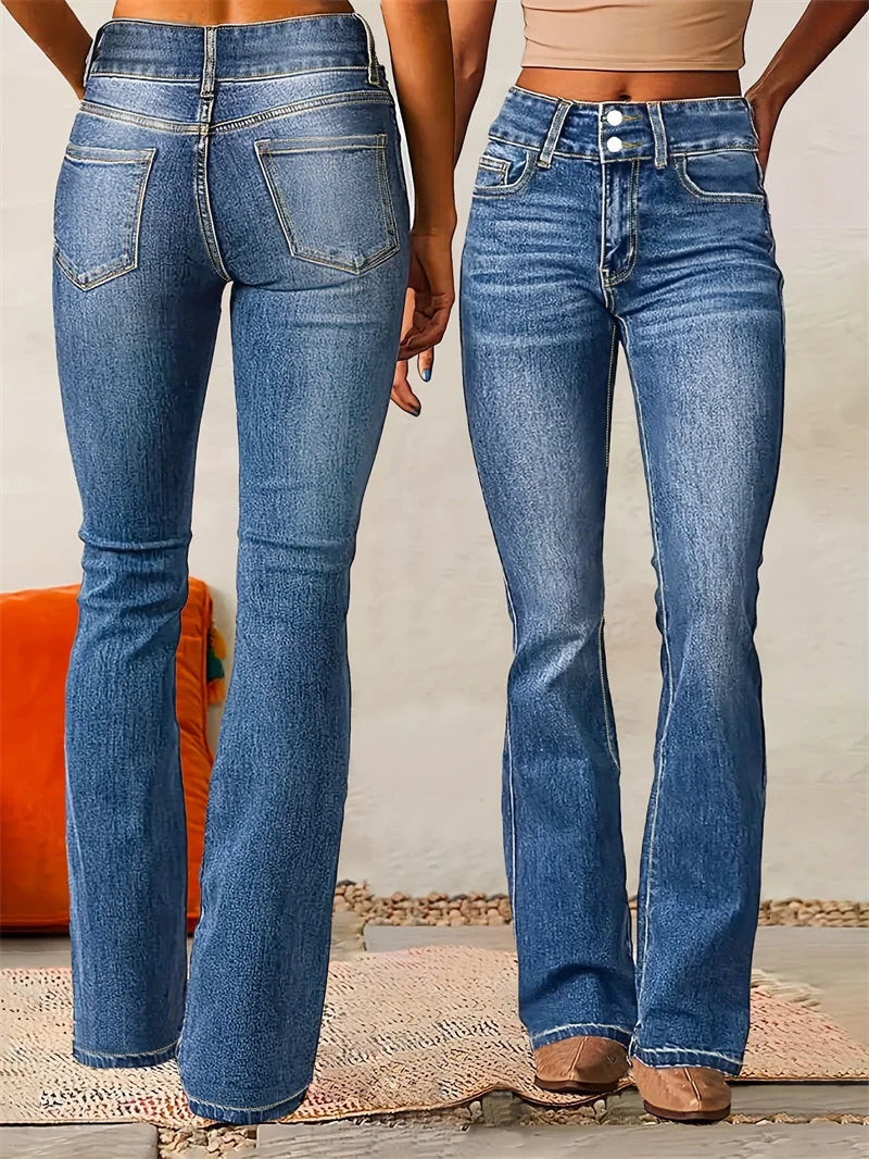 2025 Vintage Mid Waist Washed Stretch Jeans Women New Micro Flared Trousers Casual Commuter Female Denim Pants Trend Streetwear