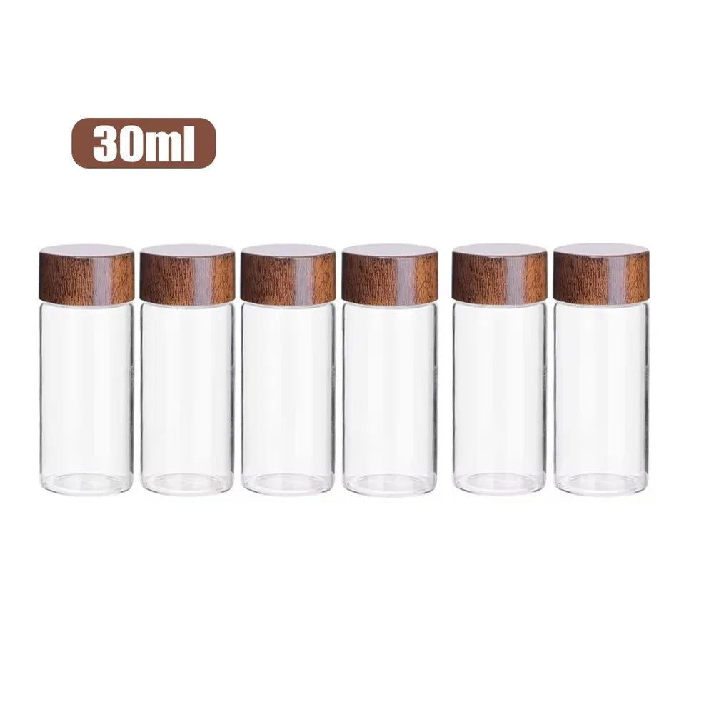 6PCS 10/20/30 ML Wooden Lid Mini Glass Bottles Food Grade Transparent Small Spice Jars Sealed Golden Bean Bottle