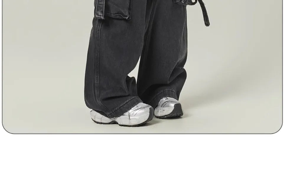 Black Gray Multi Pocket Cargo Jeans Women's Y2K Gothic Baggy Harajuku Oversize Denim Trousers Washed Straight Leg Wide Leg Pants