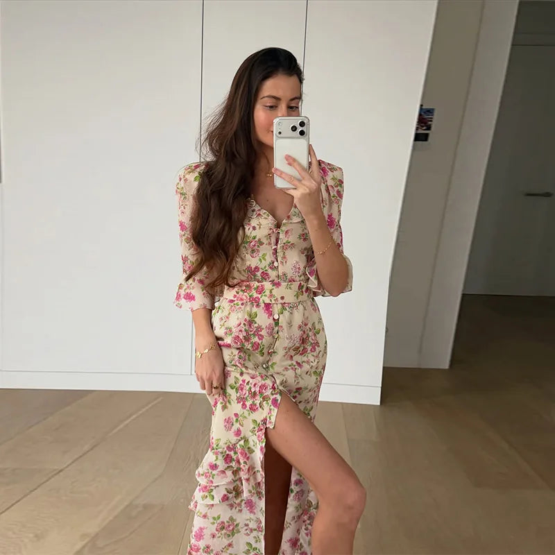 Sexy Print Women Long Dress Urban V-neck Single Breasted Ruffles Half Sleeve Female Dresses 2026 Spring Autumn Lady Robe