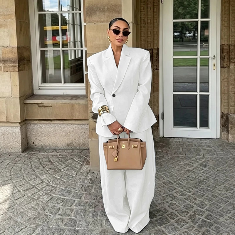 Chic White Wide-leg Pant Single Breasted Women Pants Set New Female Two Pieces(Blazer+Trousers) Conjuntos Femininos Elegantes
