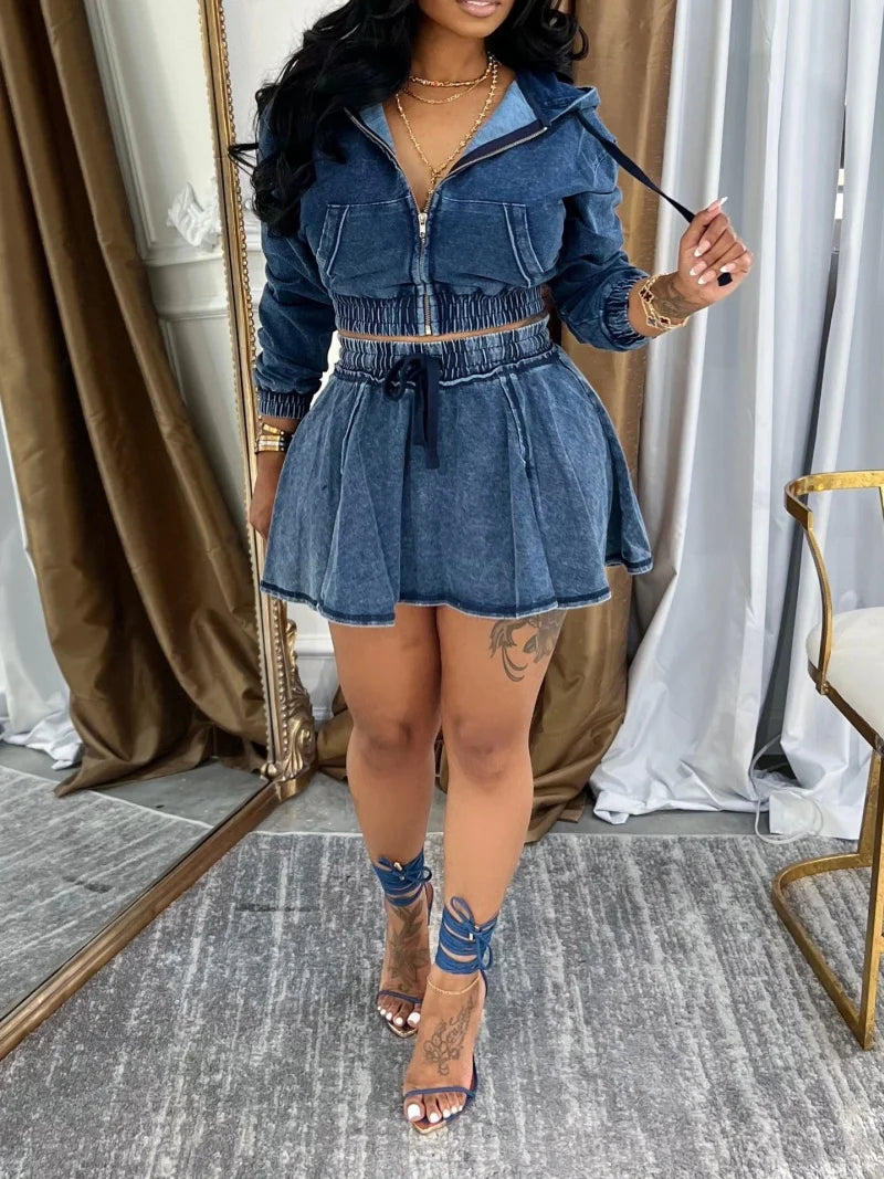 Streetwear Denim 2 Piece Sets Women Outfits Autumn Clothes Women Long Sleeve Hooded Crop Top Pleated Skirts Sets Jean Dress Sets