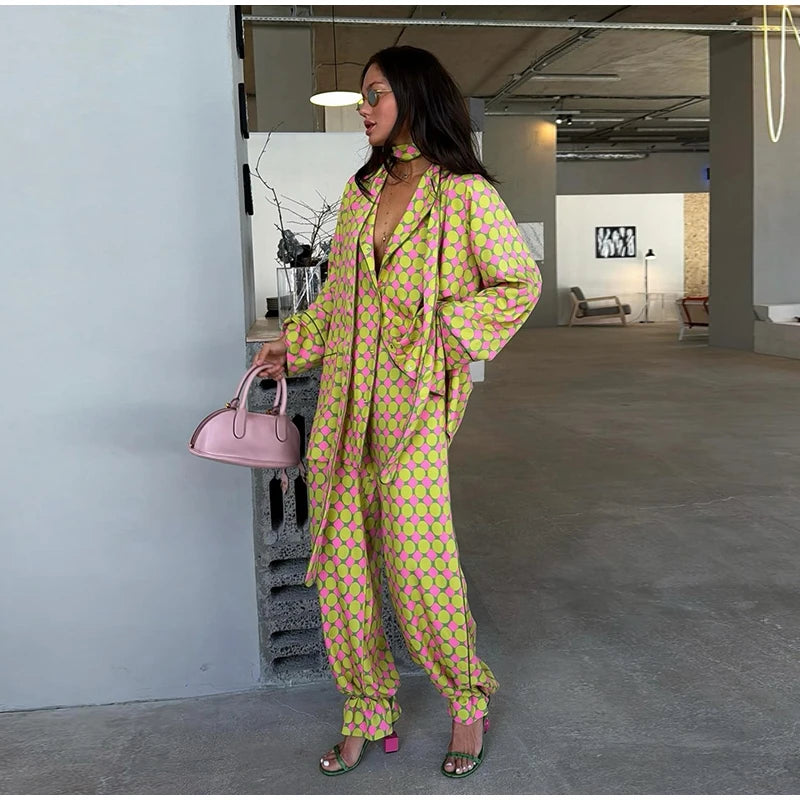 Vintage Polka Dot Women's Pants Sets 2 Pieces Tie Lapel Full Sleeve Blouses Loose Wide Leg Pant 2026 Autumn Lady Vacation Suits