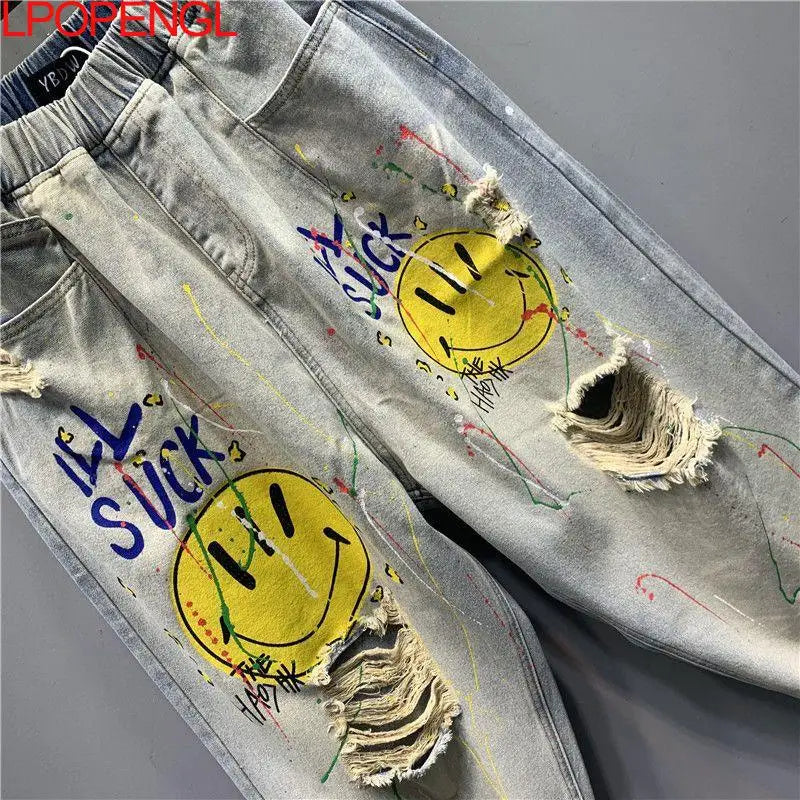 2025 Fashion Printed Ripped Distressed Streetwear Jeans Women's Summer New High-waisted Loose Straight-leg Versatile Harem Pants