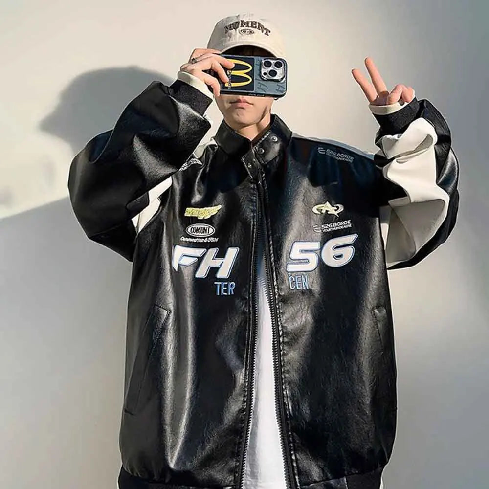 Men’s PU Leather Racing Jacket Oversized, Zip-Up Varsity Bomber Coat, Streetwear Motorcycle Style