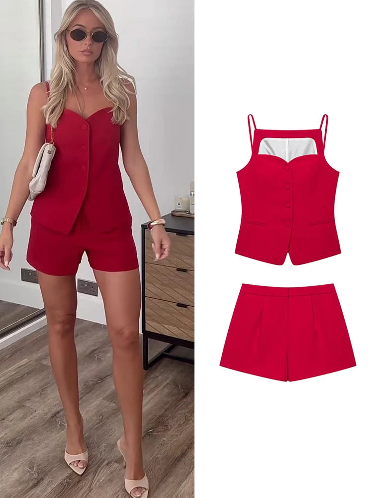 2026 Women Sweetheart Strap Top Mini Shorts Two Piece Set Summer Solid Color Ladies Office Daily Causal Commuter Short Set