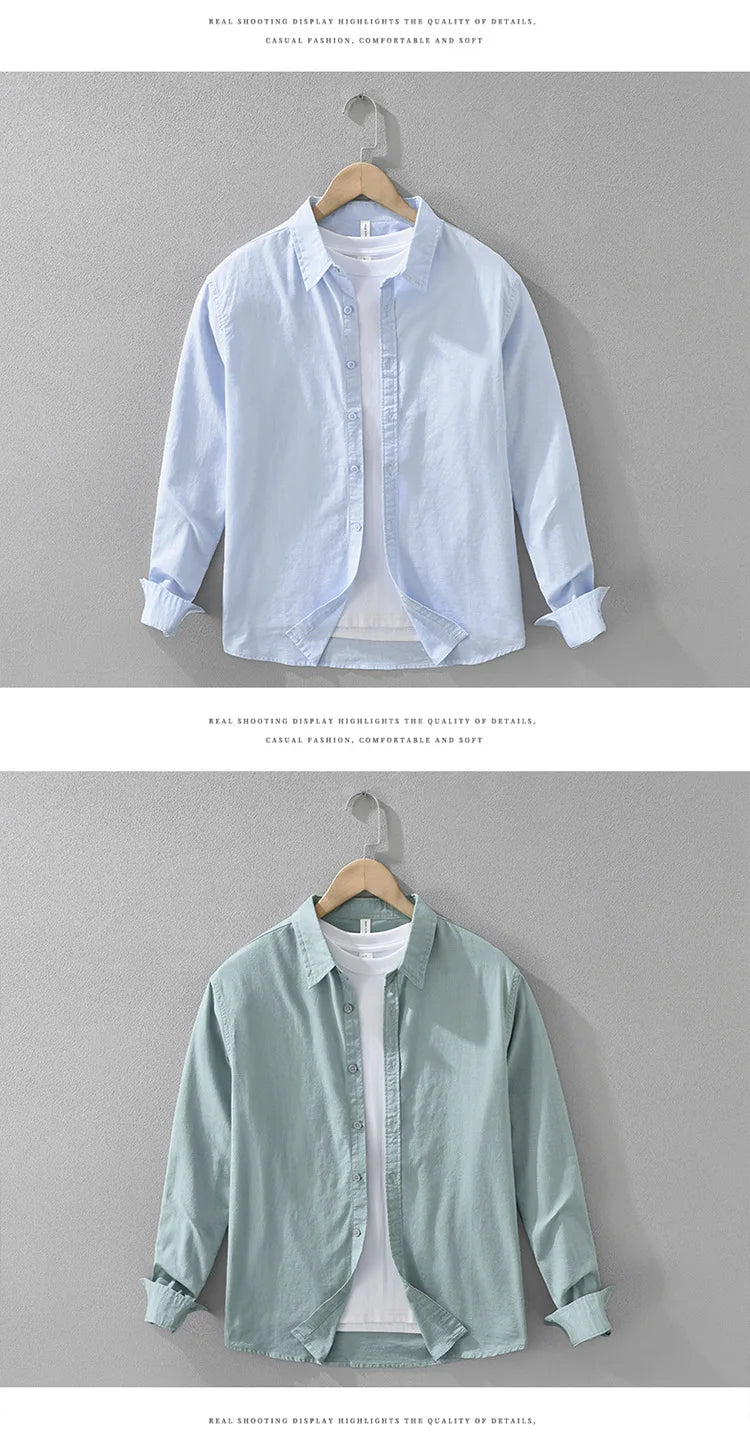 7369 Cotton Linen White Shirt for Men Good Quality Solid Color Simple Basic Long Sleeve Loose Casual Lapel Blouse Breathable Top