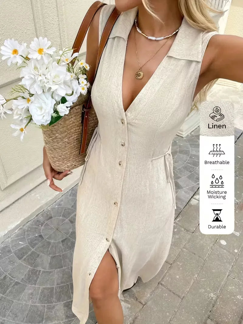 BohemianStyle Dress Sleeveless V-Neck ButtonFront Dresses Elegant Classic Solid Dresses Resort SeasideStyle Vacation Dresses