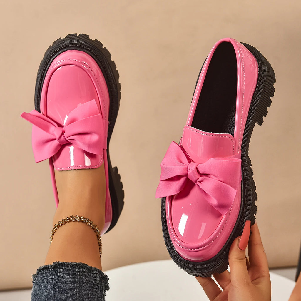 Women's British Style Loafers bowknot Chunky Heel Leather Flats Autumn Slip-On Shoes Versatile Work Shoes Platform Oxford 636