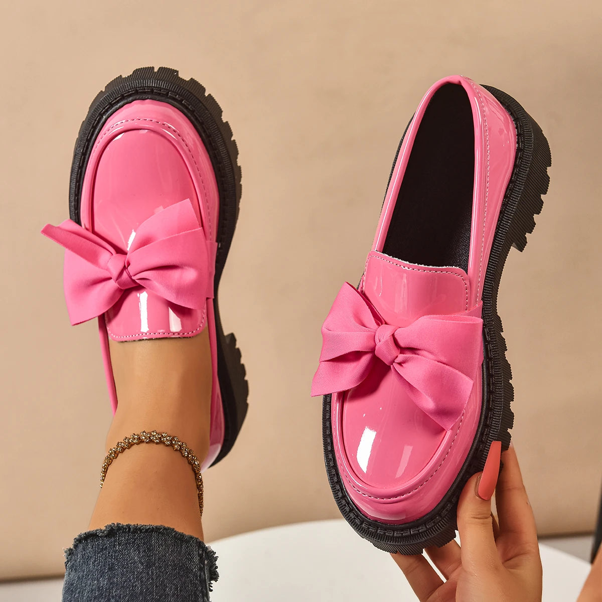 Women's British Style Loafers bowknot Chunky Heel Leather Flats Autumn Slip-On Shoes Versatile Work Shoes Platform Oxford 636