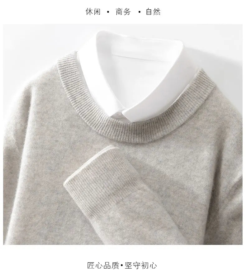 100% wool men's round neck solid color loose knit cashmere pullover for business and leisure, keeping warm in autumn and winter