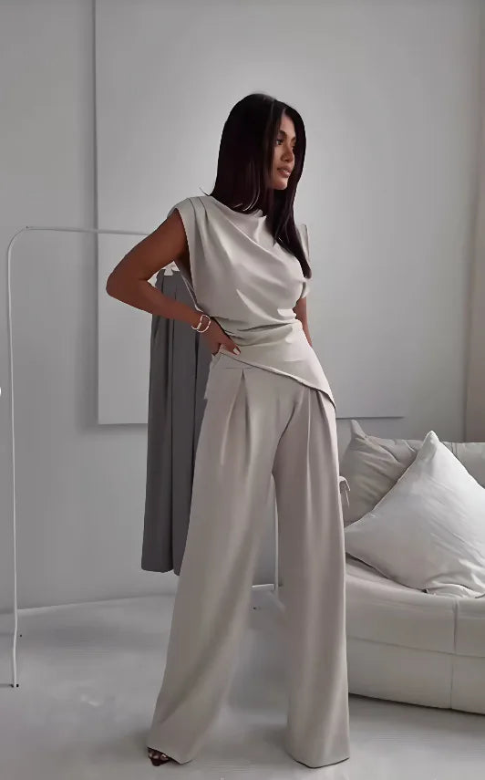 Women's Sleeveless High Waist Wide Leg Pants Set Elegant Solid Color Casual Two Piece Outfit for Summer Office Wear Fashion