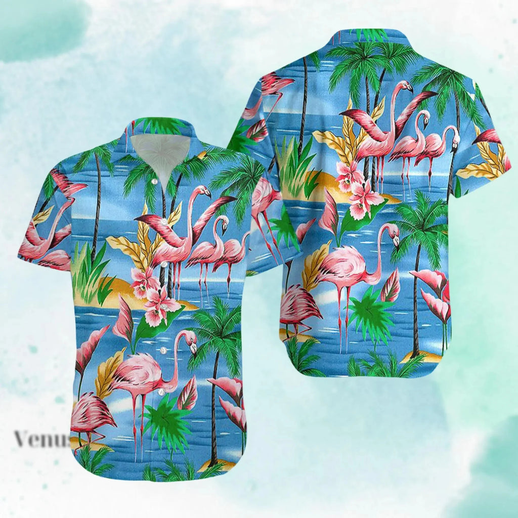 2025 Summer Popular Flamingo Skull  Print Hawaiian Shirts Men Women Comfortable Soft Short Sleeve Shirt Street Daily Trendy Tops