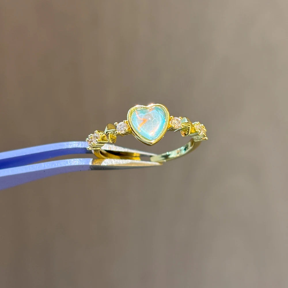Vintage Blue Crystal Bow Knot Rings Women Gold Plated Open Adjustable Ring Sweet Heart Zircon Pearl Finger Ring Fashion Jewelry