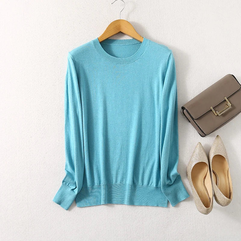 SuyaDream Woman Basic Sweaters Silk and Cashmere Blend O neck Pullovers Solid Sweaters 2024 Fall Winter Bottoming Shirts