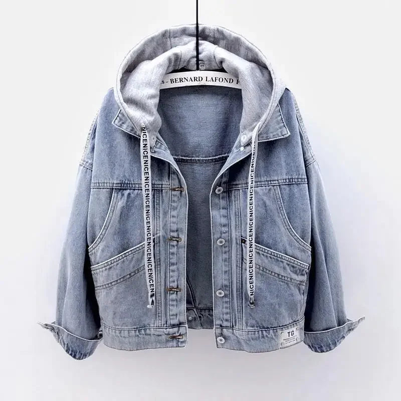 Denim Jacket Schoolgirl Korean Version Loose Short Jacket Long-sleeved Hooded Jacket Multi-pocket Versatile Top Autumnand Winter