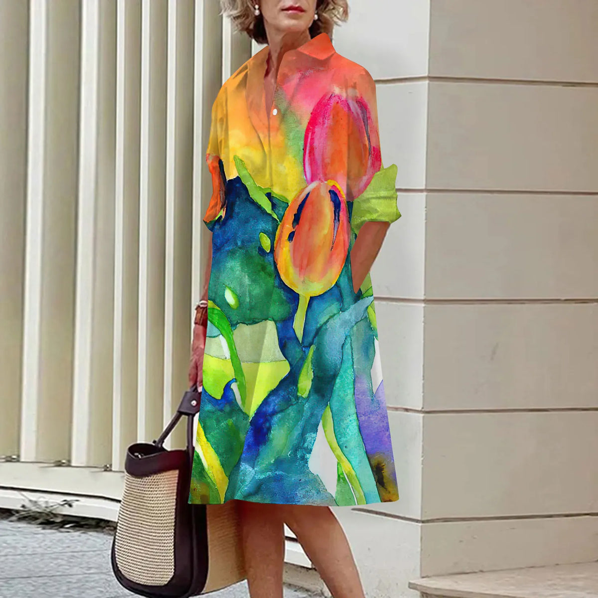 Spring and Summer Women's Dresses Fashion Lapel Printed Long Sleeve Shirt Street Shooting High Temperament New Traveling Gowns