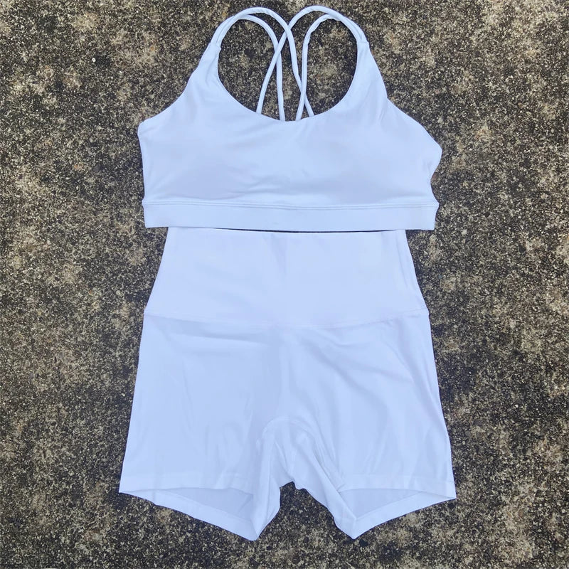 2 Piece Yoga Shorts Set Gym Sports Set Women Workout Outfit Fitness Suit Cross Straps Bra High Waist Shorts Running Tracksuit