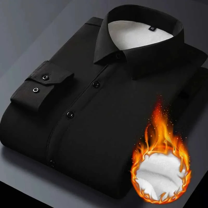 Men's Business Formal Lapel Shirts Autumn and Winter Thickened Warm Office Work Shirt Men Solid Color Casual Long Sleeve Tops
