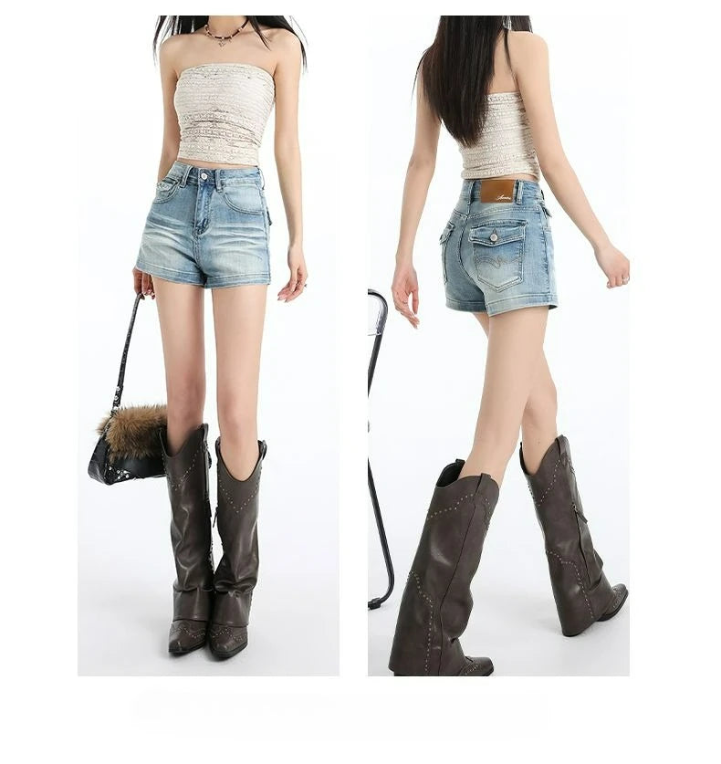 Women’s Denim Shorts Jorts Drawstring Elastic Slimming Short Denim Pants Summer Casual Loose Jeans with Pockets Versatile Jeans