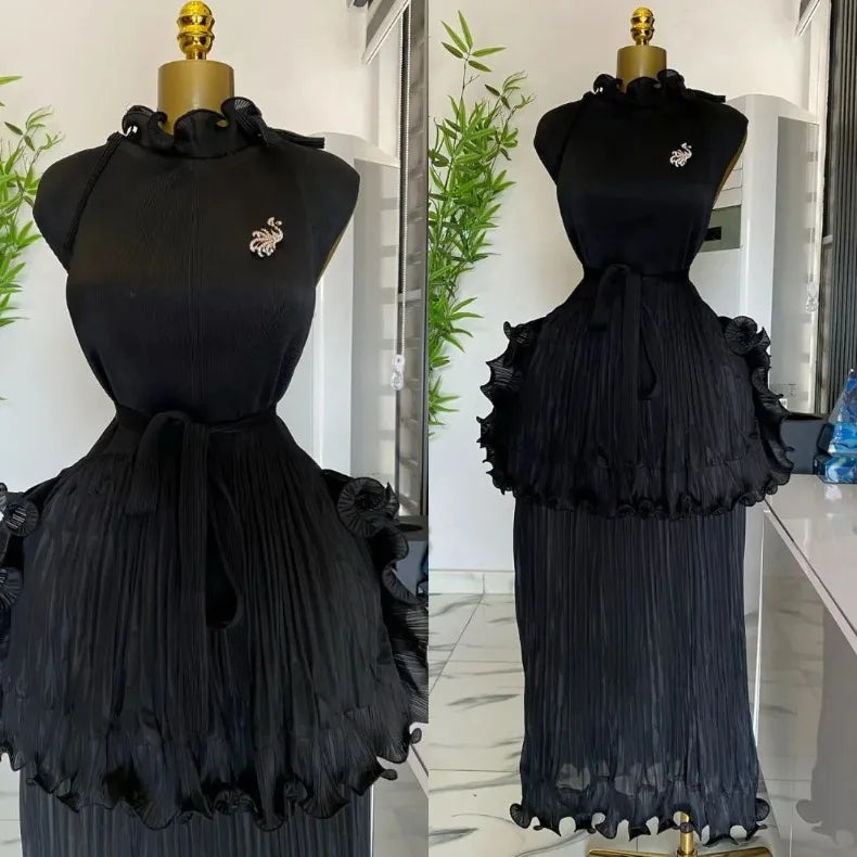 EGRM 2025 Summer New Pleated Dress Women's Solid Sleeveless Ruffles Lace Bottom Skirt with Belt Fashion Female Dresses 9R5618