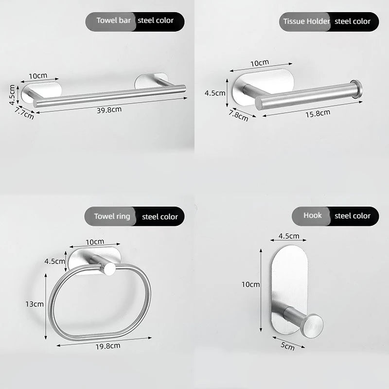 4pcs Bathroom Punch-free Towel Bar Set Stainless Steel Bathroom Hardware Wall-mounted Towel Rack Hook Tissue Holder