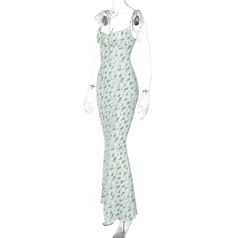 Hugcitar Floral Print Sleeveless Backless Slips Lace Up Maxi Dress Sexy Bodycon Summer Elegant Outfits Holiday Party Wholesale