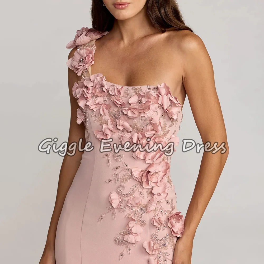 Elegant Women's Formal Evening Dresses Exquisite Beading Handmade Flowers One-Shoulder Mermaid Crepe Long Prom Party Gowns