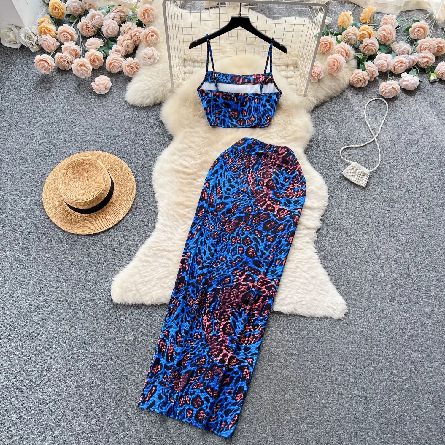 Retro Style Printed 2 Pieces Set for Women Fashion Summer Sleeveless Cropped Camis Top + Elastic Waist Bodycon Long Skirt Suits