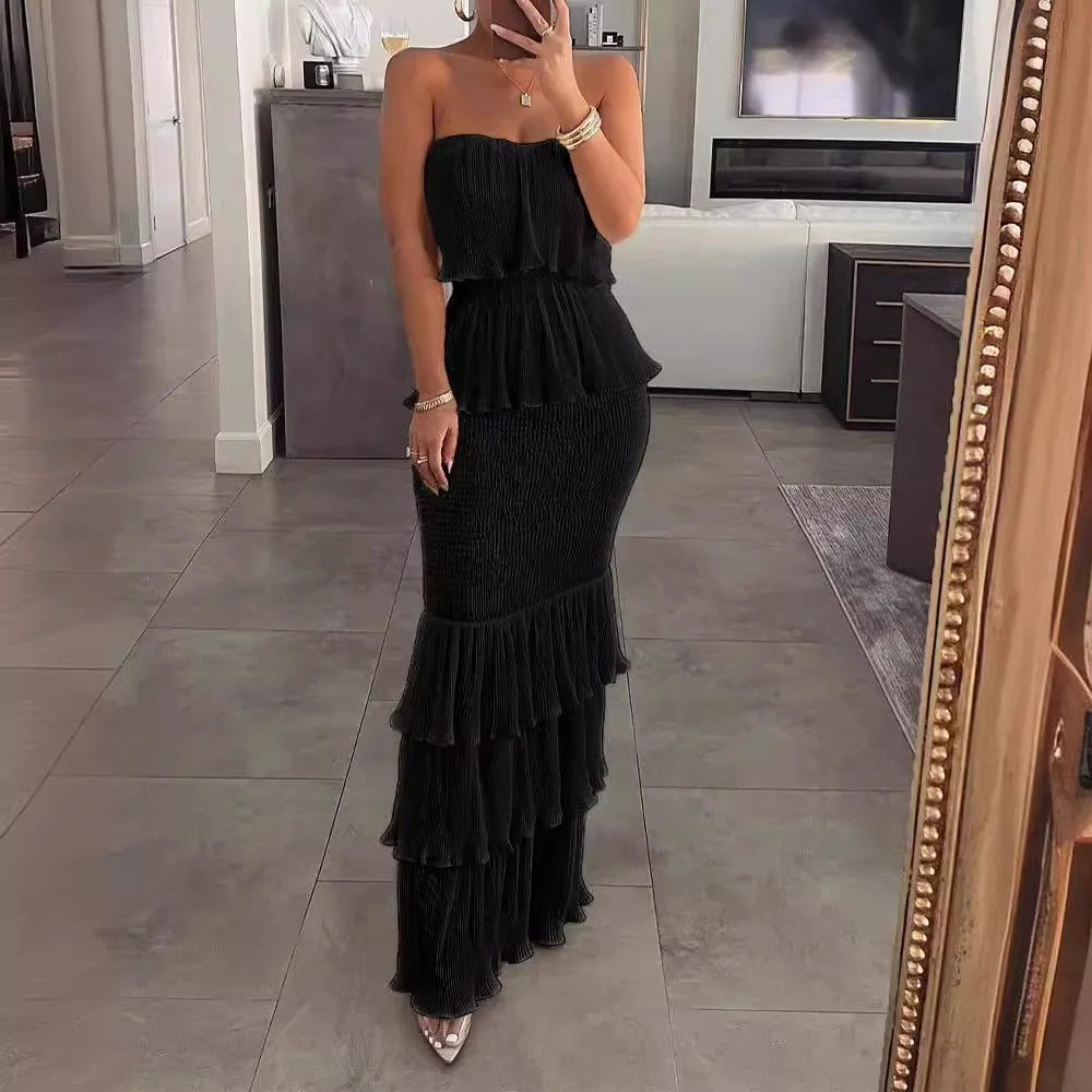 Womens Dresses 2024 Summer Fashion Temperament Solid Color Sexy Bandeau Sleeveless Slim Fit Shirred Ruffle Layered Long Dress