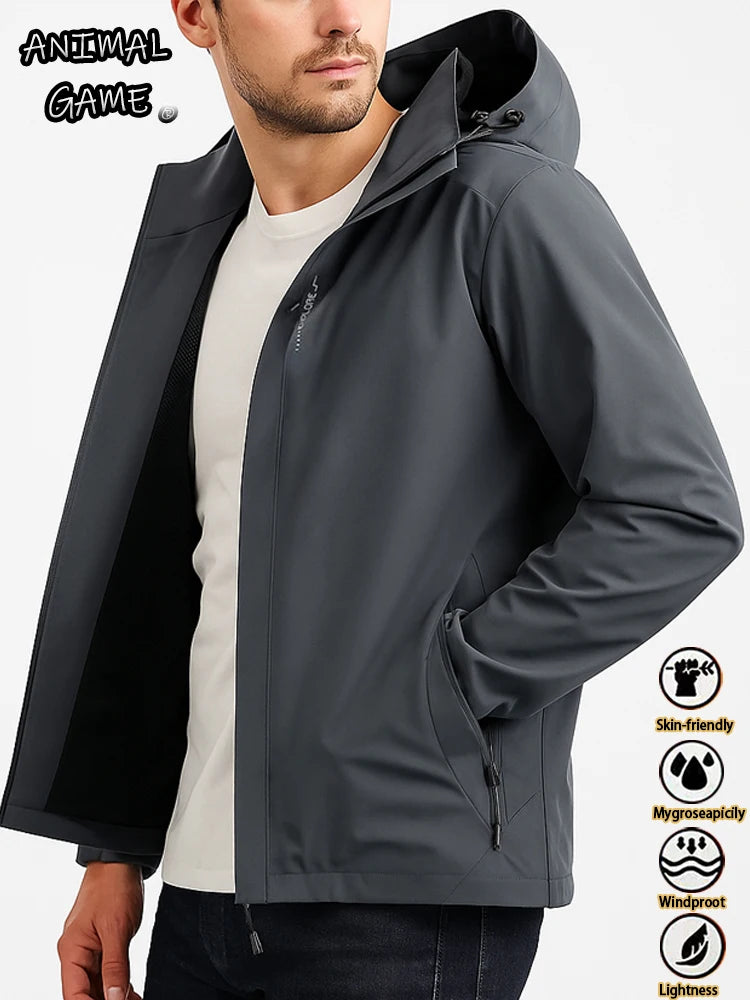 Mens Outdoor Waterproof Windproof Hooded Jacket Lightweight Cycling and Hiking Rain Coat Durable Work Wear Climbing Outerwear