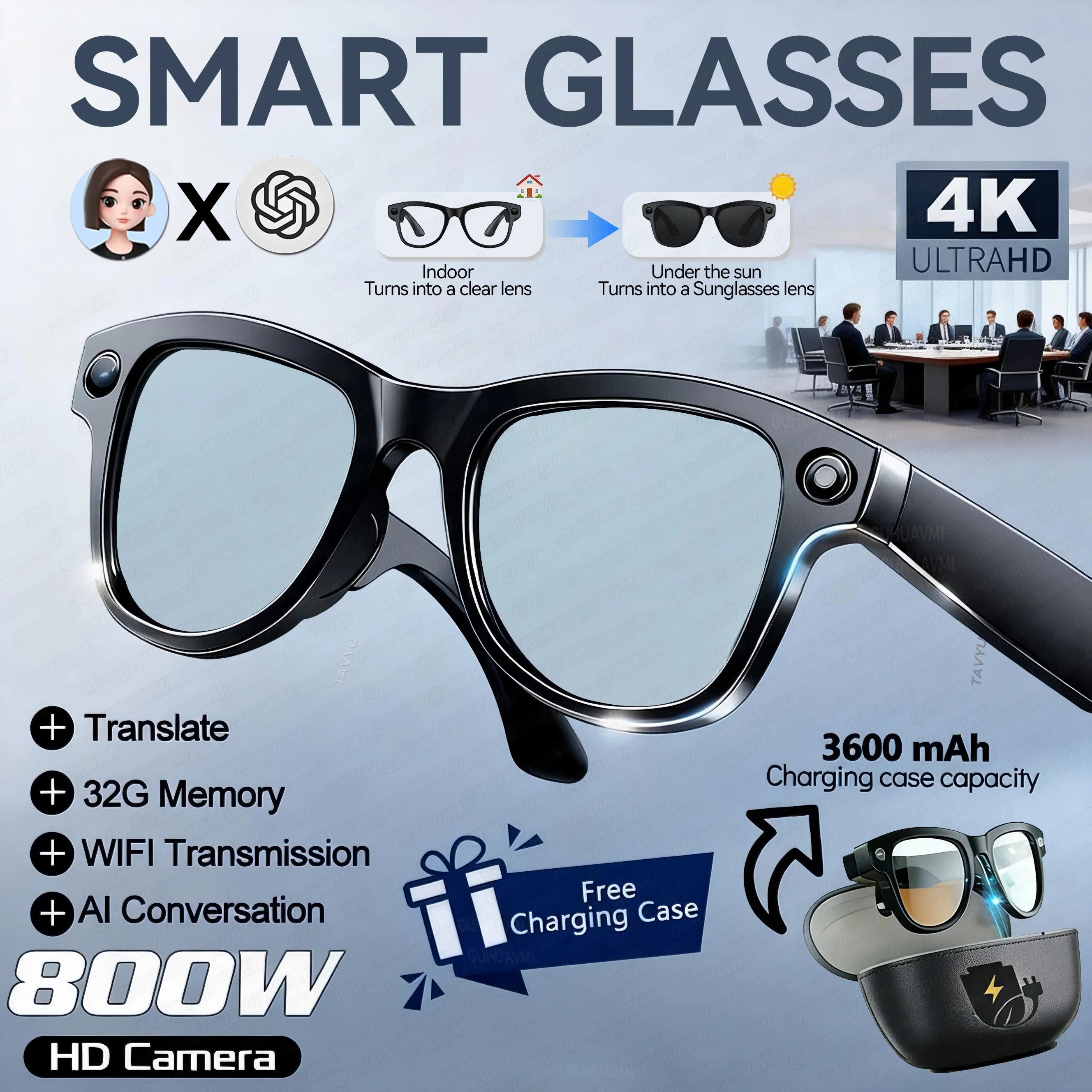 2026 AI Smart Glasses With 8MP Camera AI Voice Contorl Photo Recognition Shooting Video 150+Translation Photochromic Glasses Men