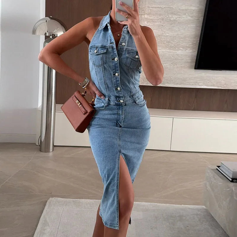 Sexy Lapel Sleeveless Women Denim Dress Fashion Single Breasted Split Slim Midi Dress Elegant Backless Hollow Solid Party Dress