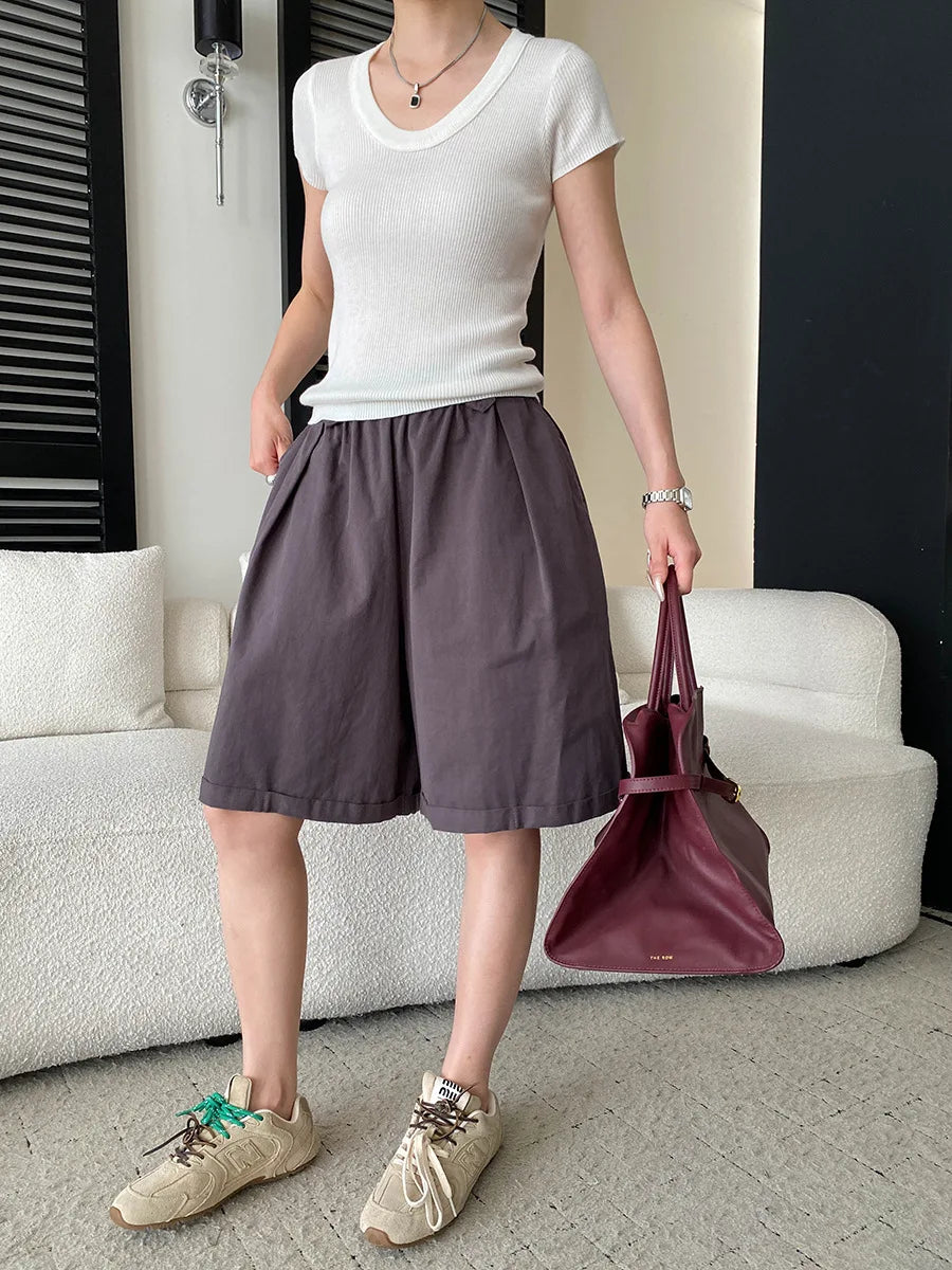 Summer women's relaxed loose wide leg A-line casual shorts versatile