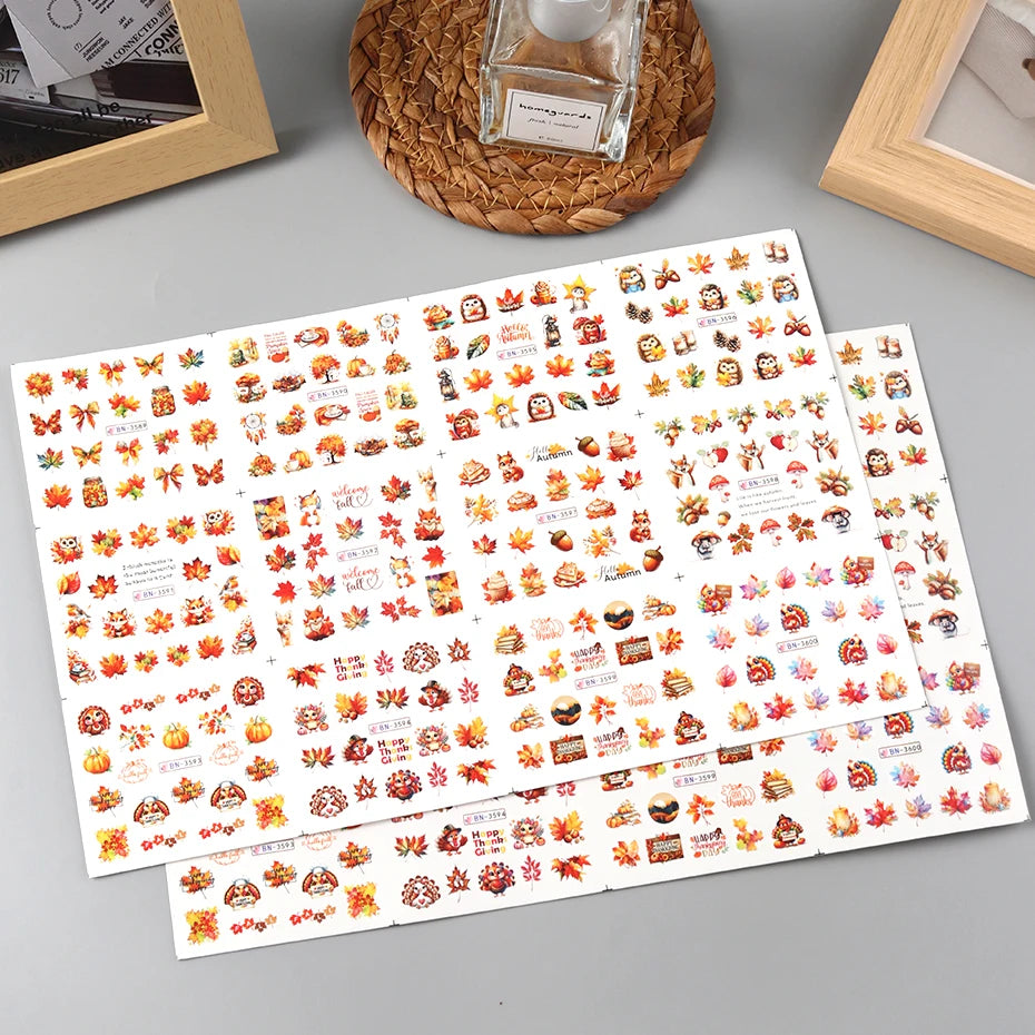 Autumn Maple Leaves Nail Art Stickers Sliders Hedgehog Squirrel  Fall Leaf Turkey Nail Water Transfer Sticker Decal Decorations