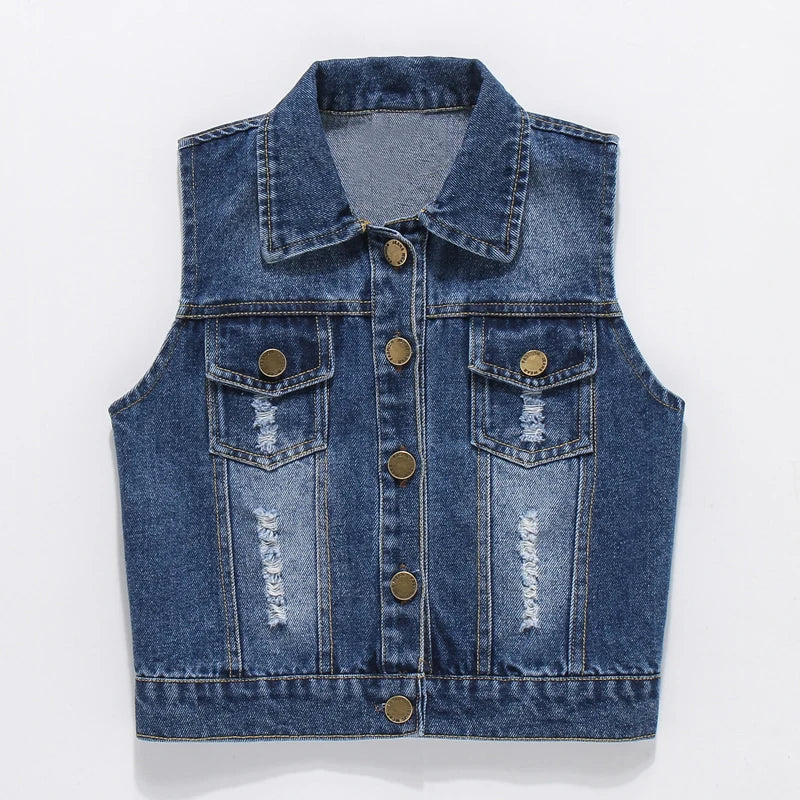 High Quality Children's Ripped Denim Vest Spring Autumn New Style Boys Girls Sleeveless Jacket Outerwear Trendy Hole Waistcoat
