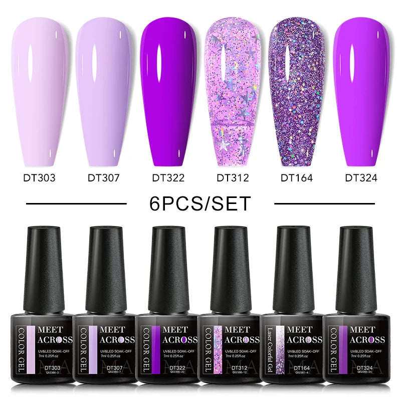 MEET ACROSS 6/8Pcs Set Glitter Gel Nail Polish Autumn Winter Nail Art Varnishes Semi Permanent Soak Off UV Gel Kit Nails Lacquer