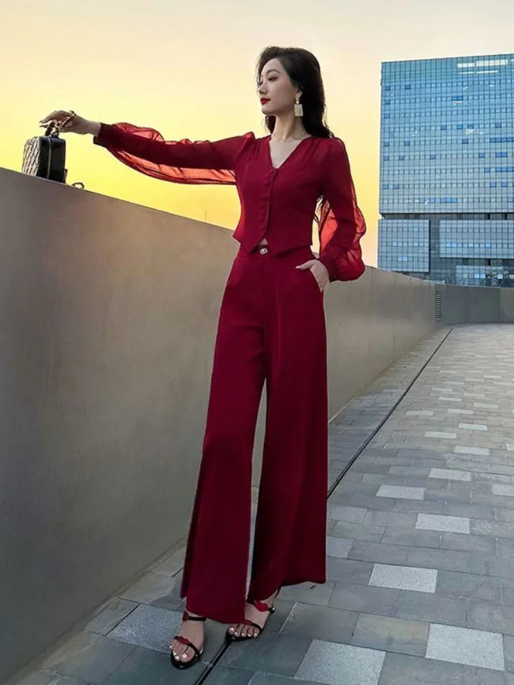 Women Pant Sets for 2 Pieces Red Sexy Holiday Outfits Trousers Woman Spring Autumn Shirt Blouse and Clothing Sales Luxury Full D