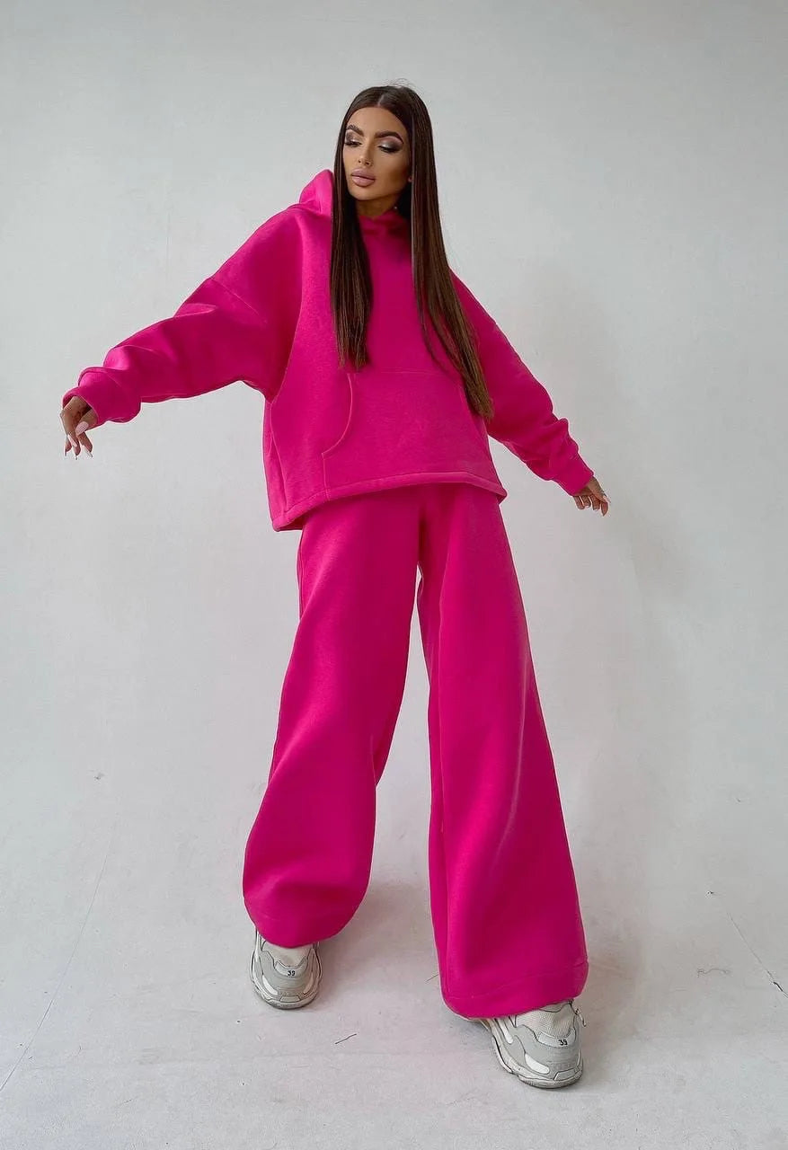 Woman's Solid Color Hooded Sweatshirt Pant Two-piece Set Fashion Long Sleeves Pocket Pullovers Pants Suits Ladies Loose Outfit