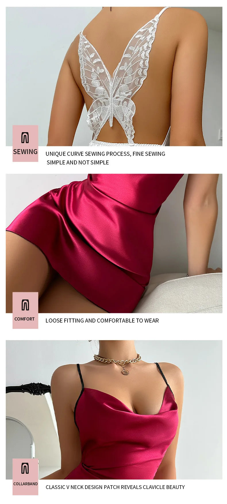Women's Premium Summer Lace Butterfly Back Decorative Nightgown Sexy Simulated Silk Pajamas with Suspender