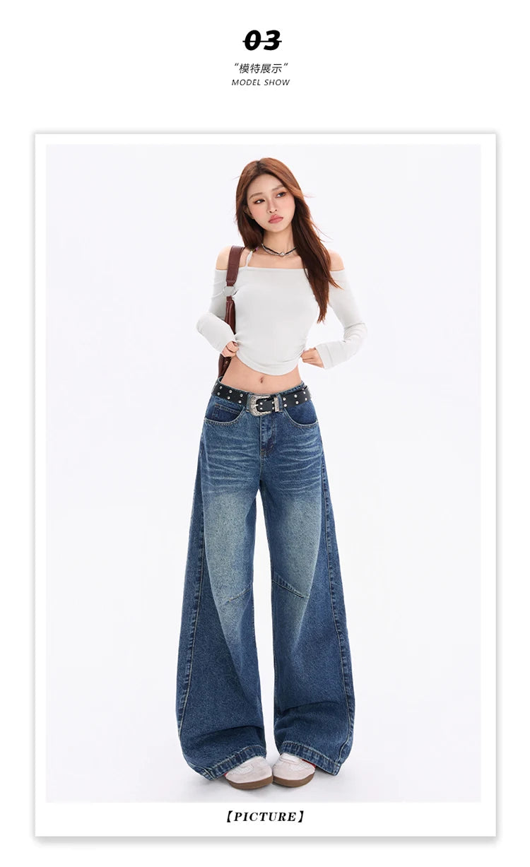 Women's American Vintage Curved Balloon Jeans Loose Curved Leg Denim Trousers