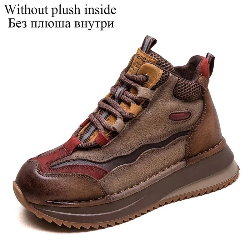 DRKANOL 2026 Women Boots Autumn Winter Mixed Colors Genuine Cow Leather Warm Ankle Boots Ladies High Top Casual Sneakers Shoes