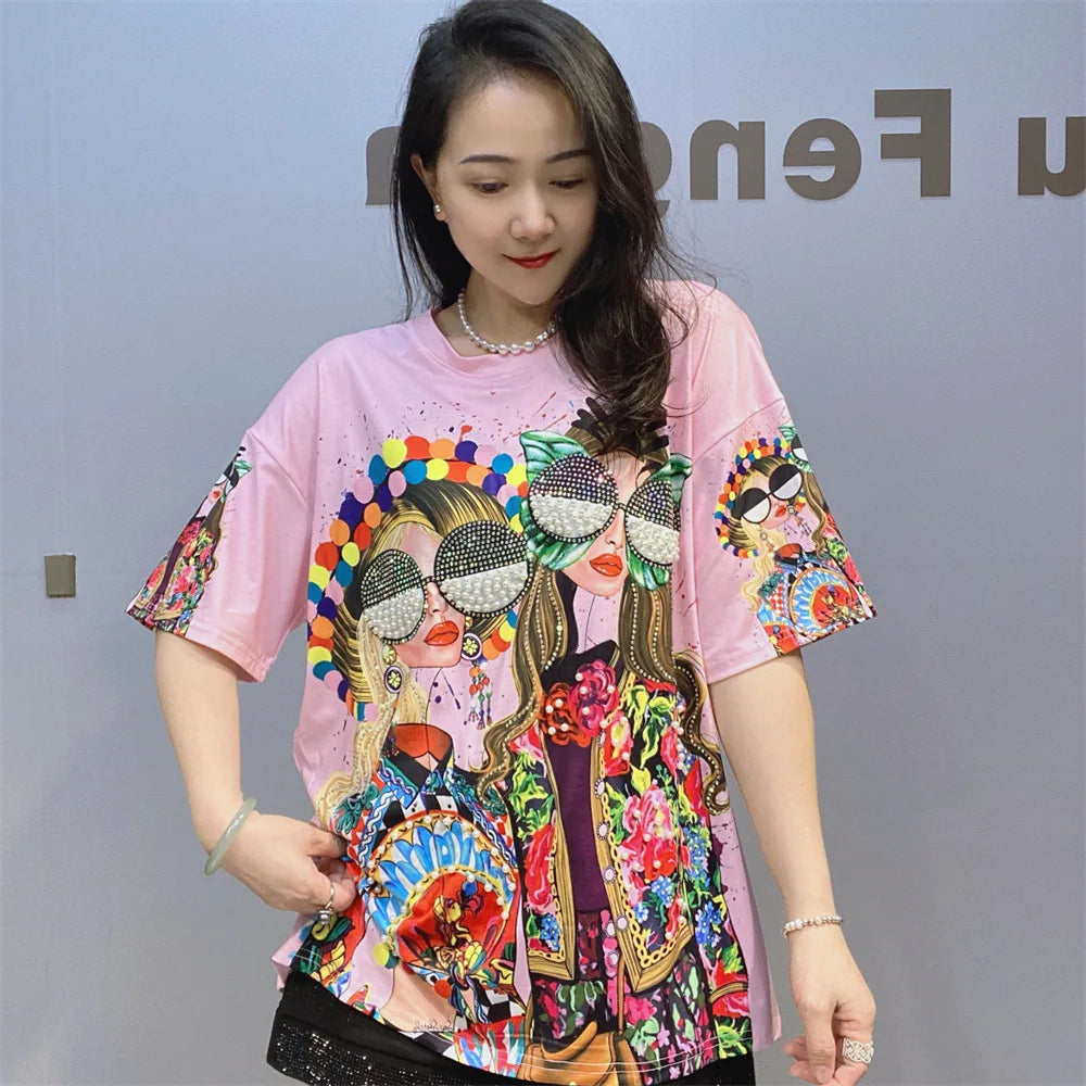 Colorful Fashion Printed T Shirts Women Summer Clothes Casual Character Diamonds Beading Short Sleeve Tops Tee Женская Одежда