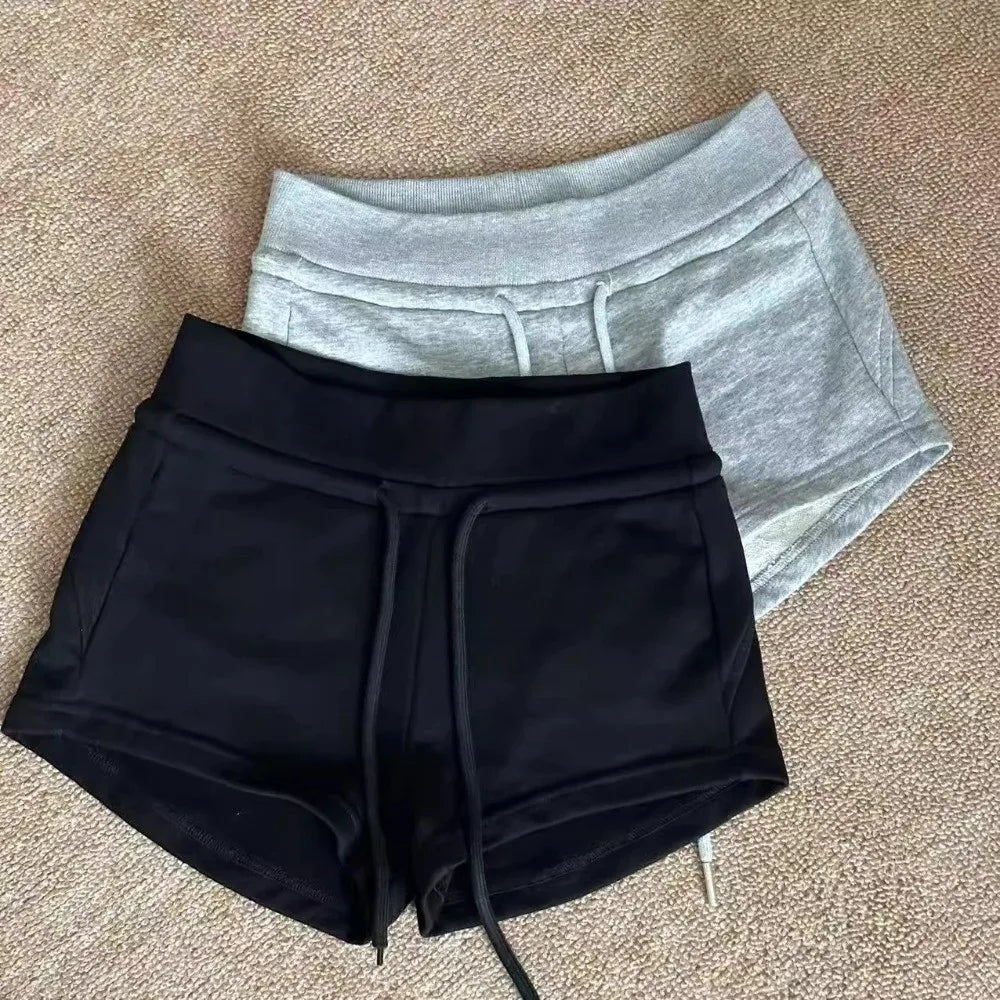Fashion Drawstring Women Sports Shorts Low-rise Black/Grey Casual Pants Slim Fitting Sweat Shorts Women