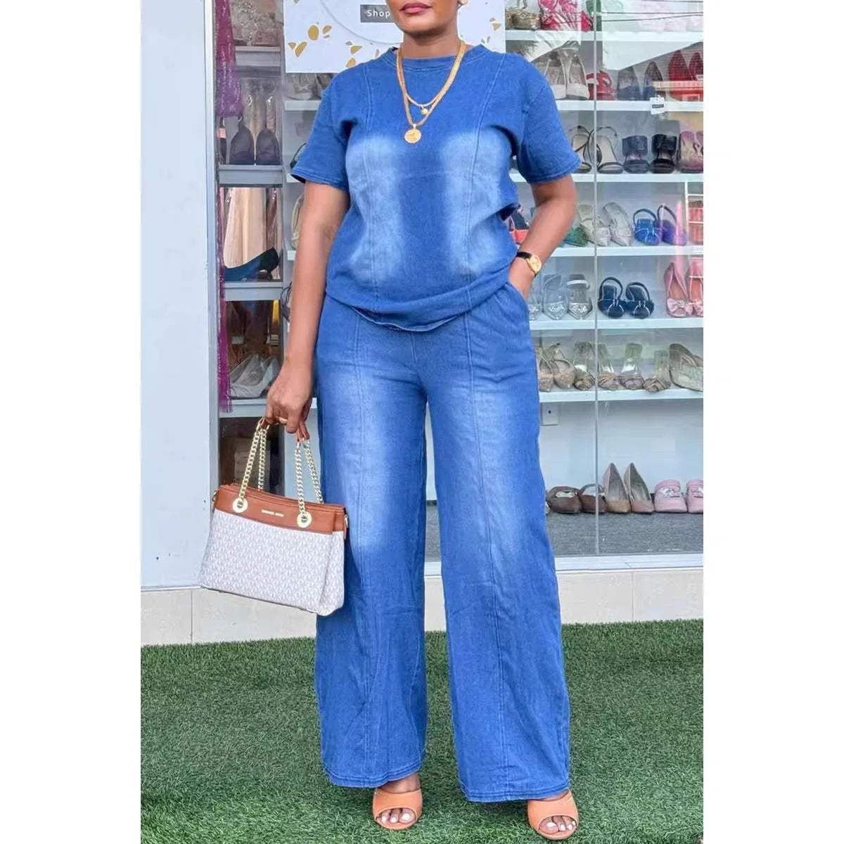 Women Pant Set Two Piece Sets Denim Round Neck Short Sleeve Tops Casual Loose Wide Leg Long Pants High Waist Y2k Streetwear
