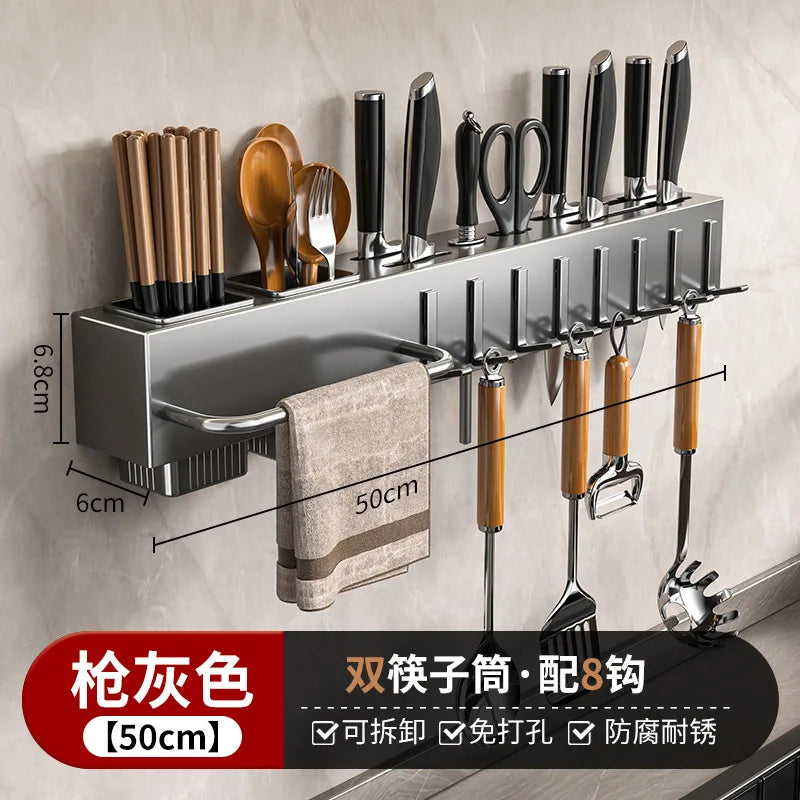 Heavy Duty Carbon Steel Wall Mounted Kitchen Organizer, No Drill Knife Rack for Knives Utensils Cutting Boards, Space Saving