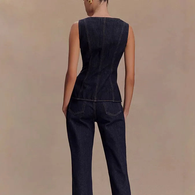 Summer Denim Pant Sets Women 2025 Fashion Sleeveless Single Bretted Vest Tops And High Waist Baggy Jeans 2 Piece Set Woman