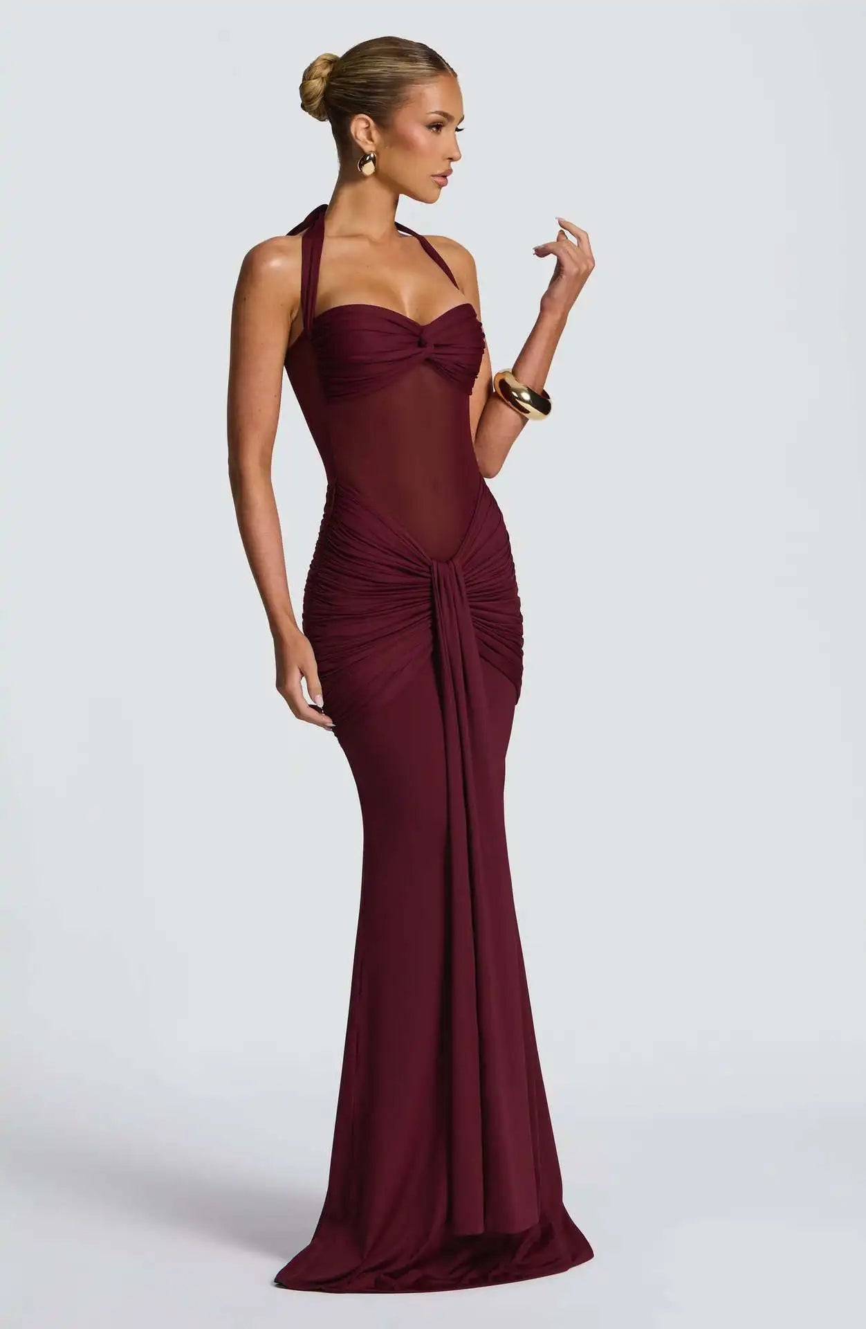 Suninheart Draped Maxi Evening Dress Women Elegant Halter Prom Dresses Wine Formal Occasions Backless Dress Sexy